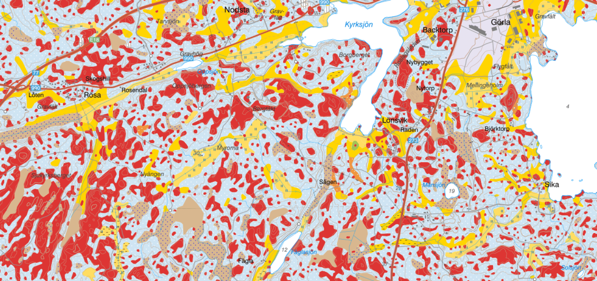 Jordartskarta som bland annat visar Kyrksjön och Nodsta. Kartan har olika färger