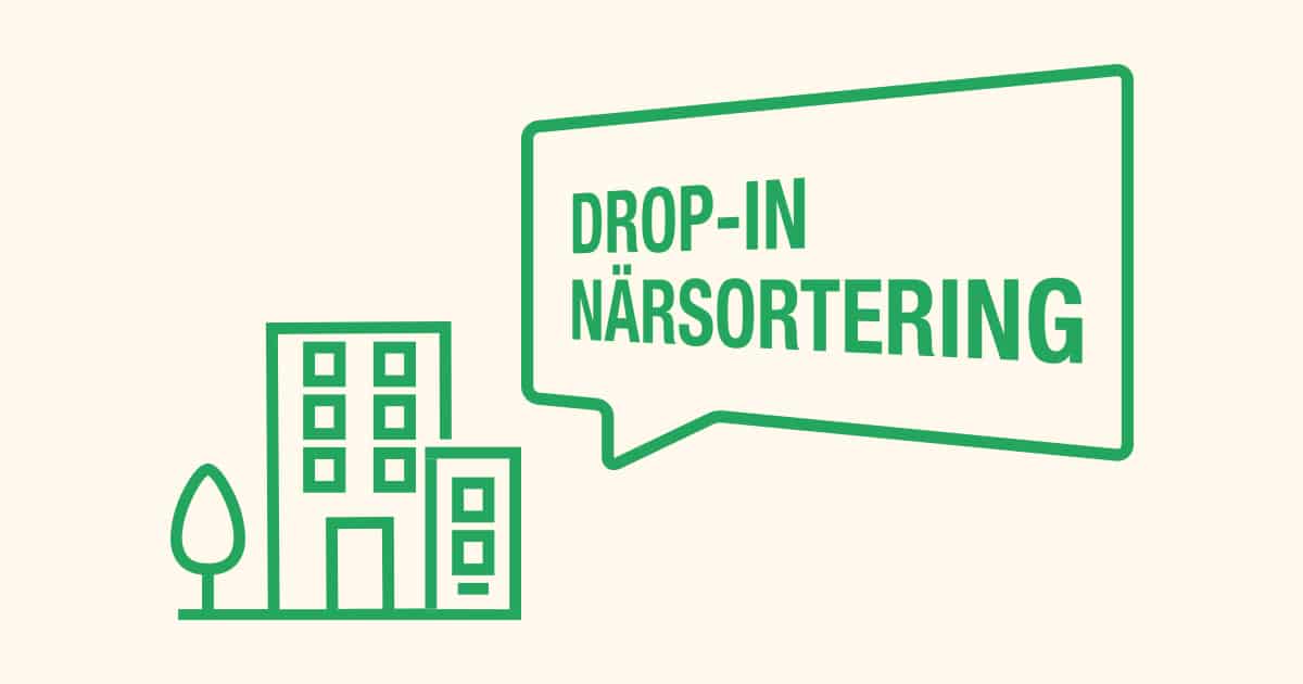 Illustration av grön byggnad med texten "Drop-in närsorterat" i en pratbubbla